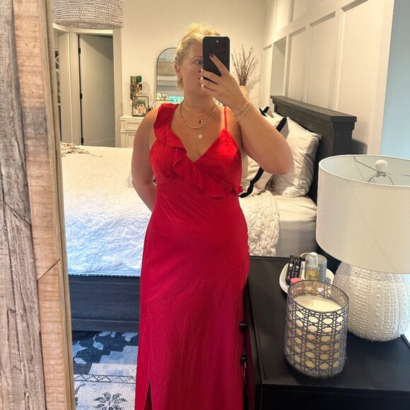 Urban Outfitters Dresses & Skirts - Urban Outfitters Red Satin Gown with Ruffle Detailing and Open Back